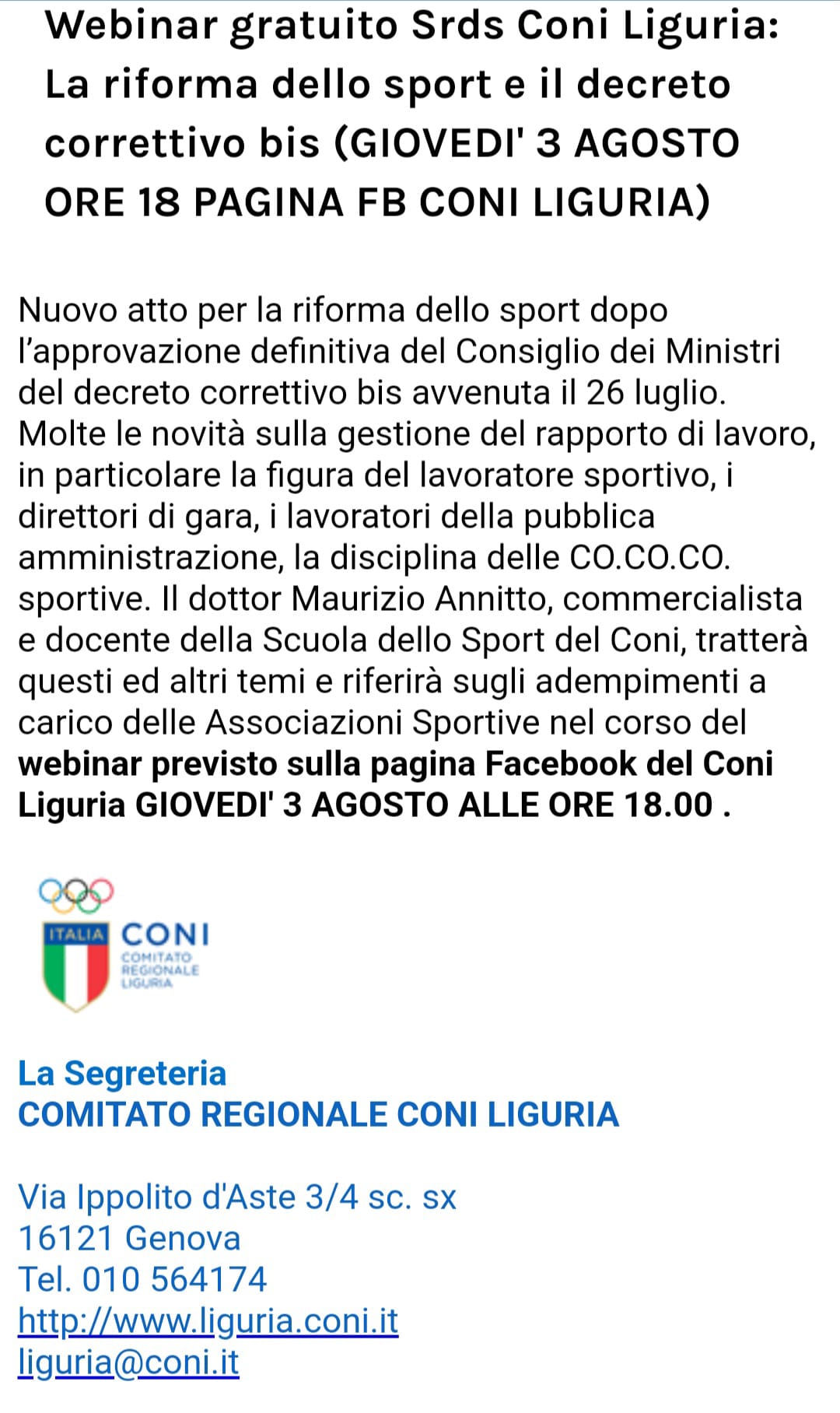 webinar lavoro sportivo