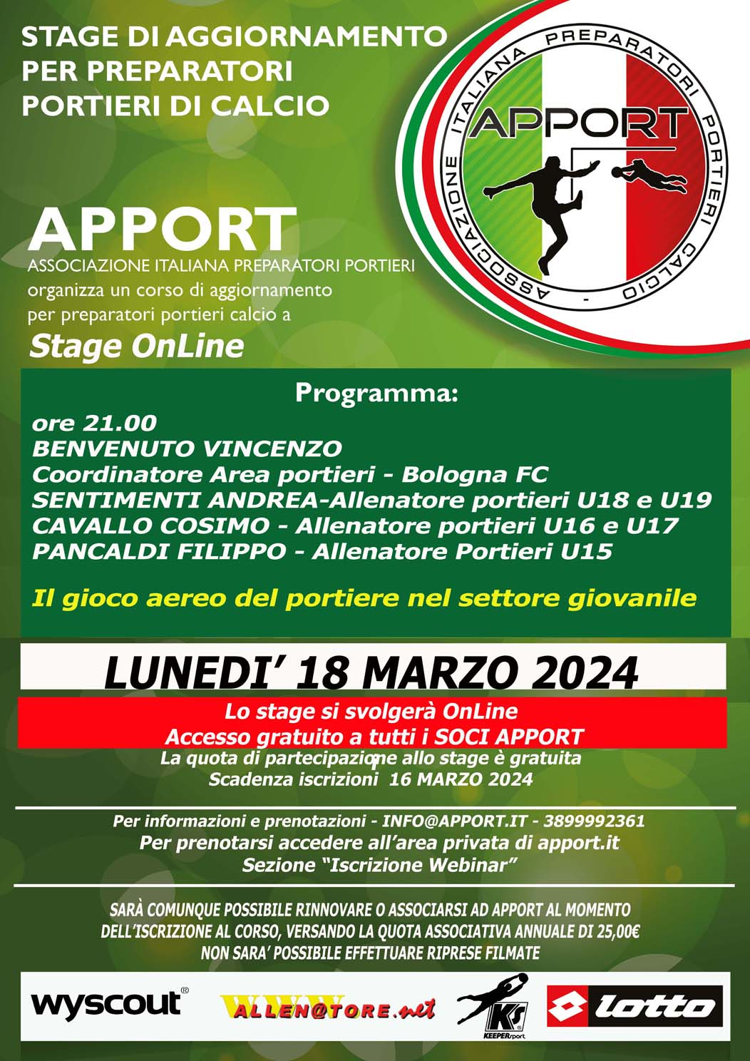 18 Marzo 2024 - Webinar con Vincenzo Benvenuto e i prep. portieri sett. giovanile Bologna